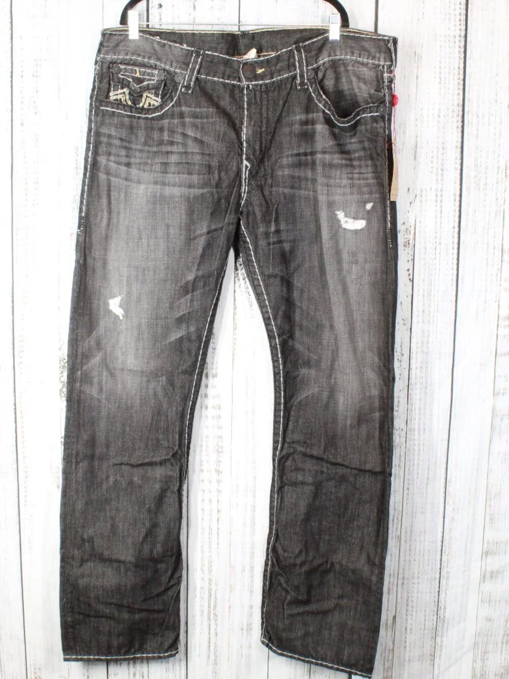 True Religion Ricky Super T Black Grey Jeans Size 42 White Yellow Stitch NWT